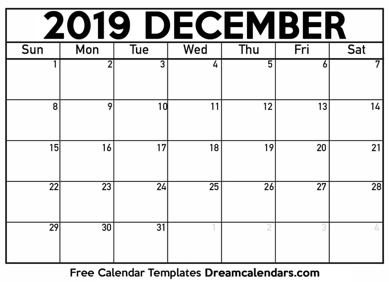 Free Blank December 2019 Printable Calendar