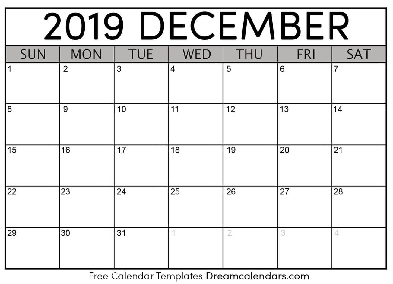 Free Blank December 2019 Printable Calendar