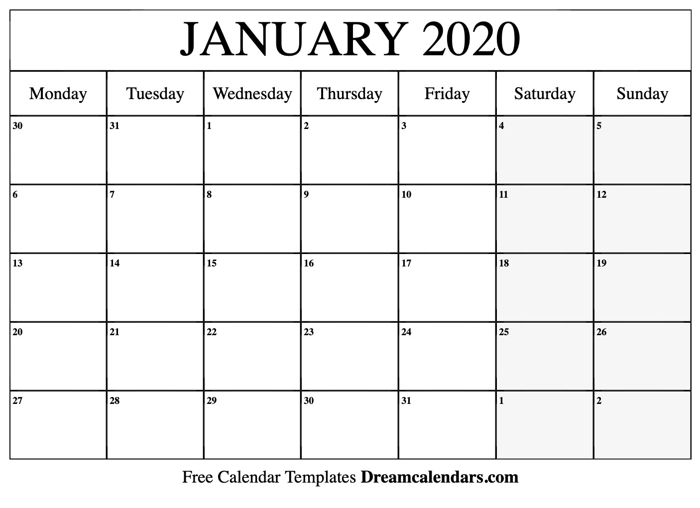 Free Blank January 2020 Printable Calendar