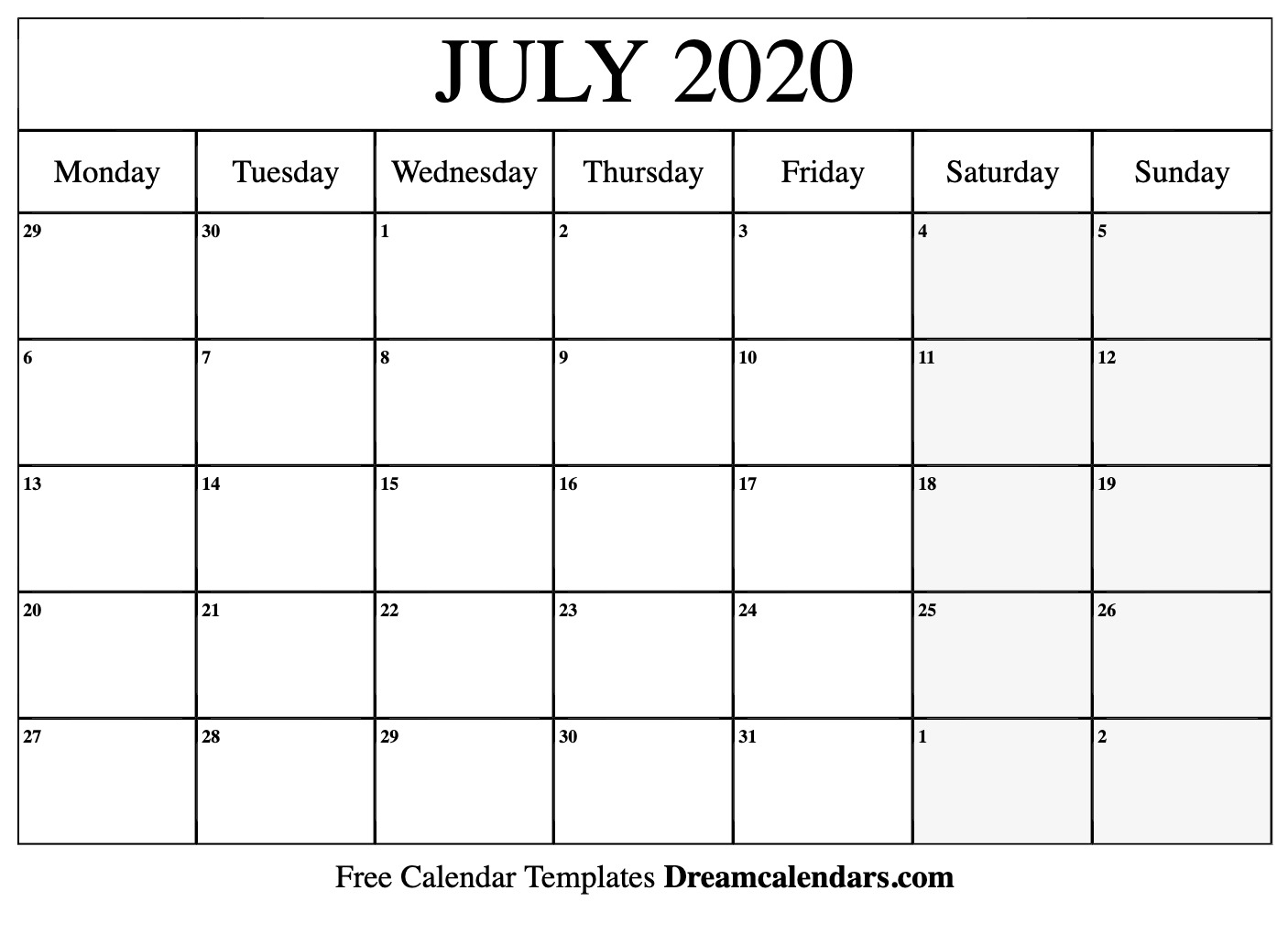 Free Blank July 2020 Printable Calendar