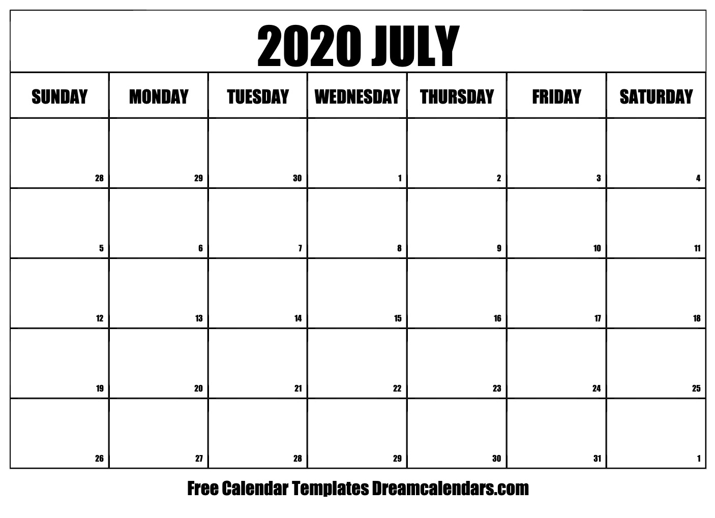 Free Blank July 2020 Printable Calendar