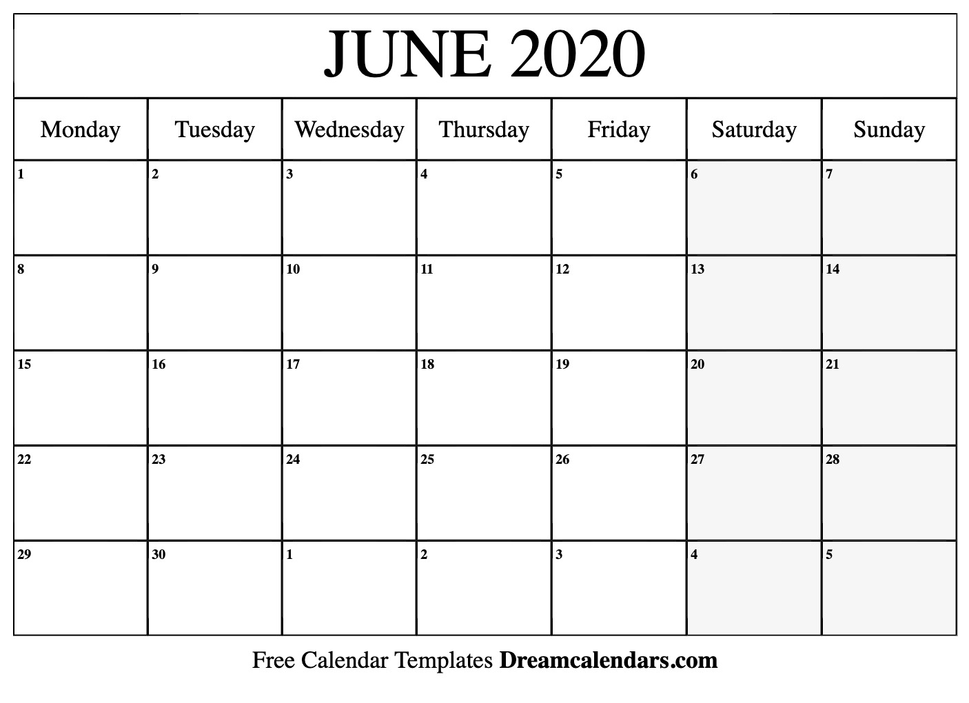 Free Blank June 2020 Printable Calendar