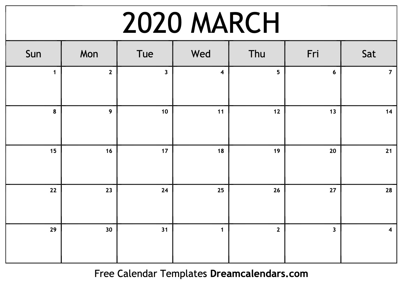 Free Blank March 2020 Printable Calendar