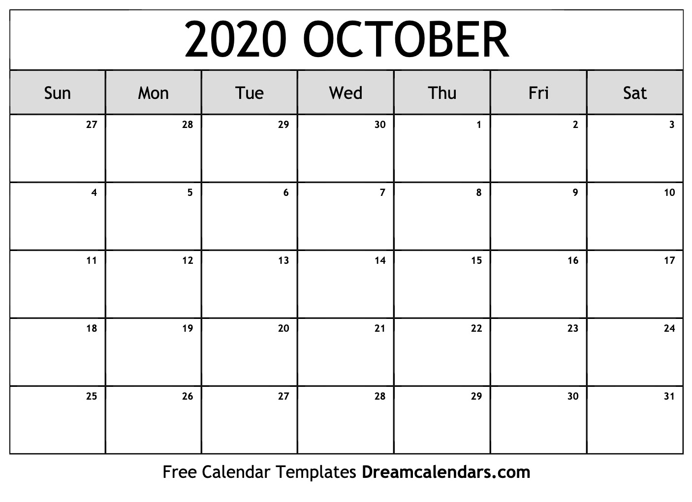 Free Blank October 2020 Printable Calendar