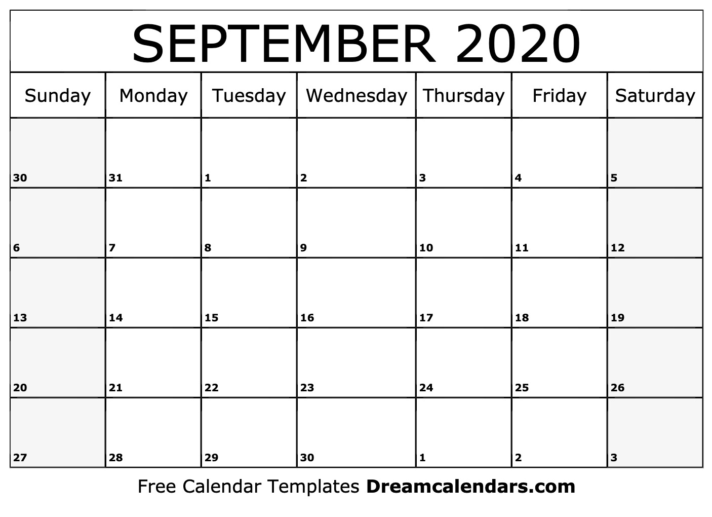 Free Blank September 2020 Printable Calendar