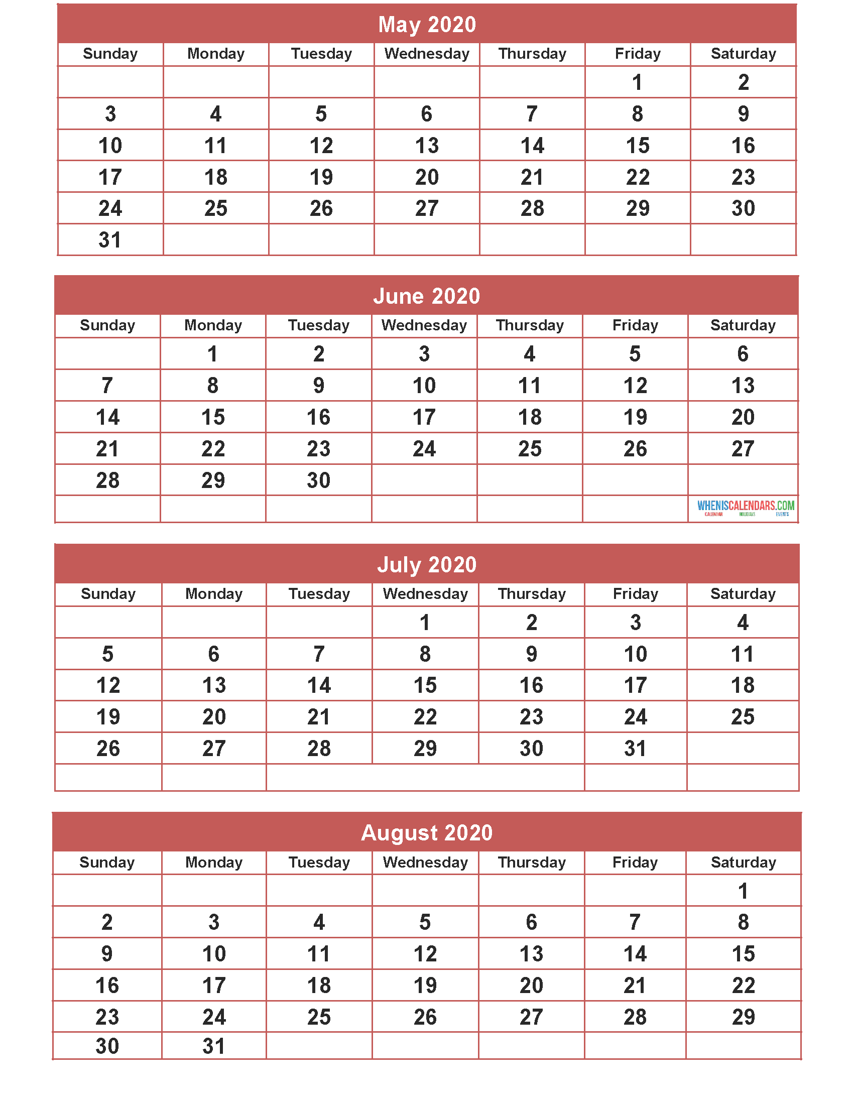 Free Calendar 2020 May June July August Printable | Free