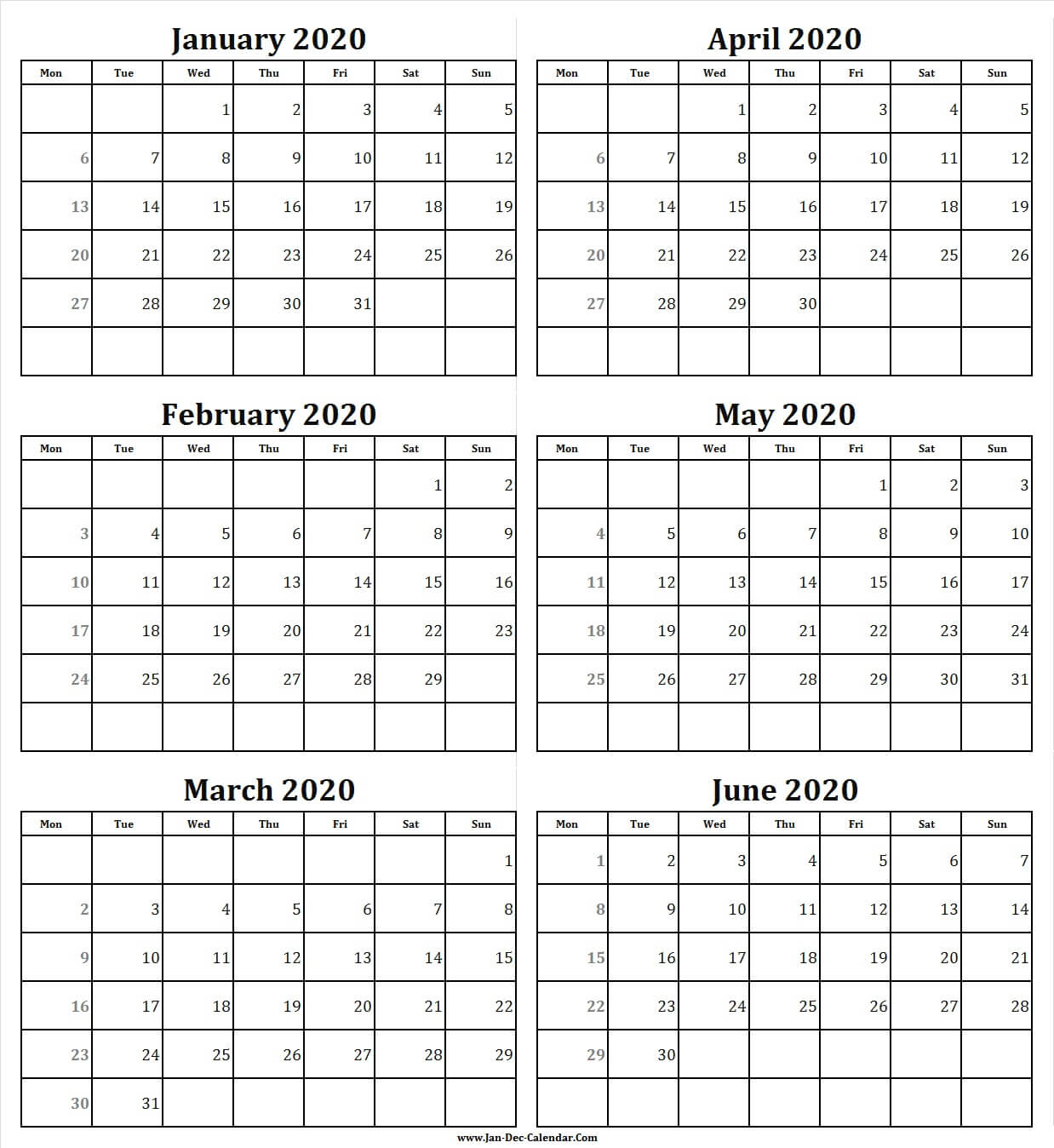 Free Calendar January To June 2020 | Six Month Calendar