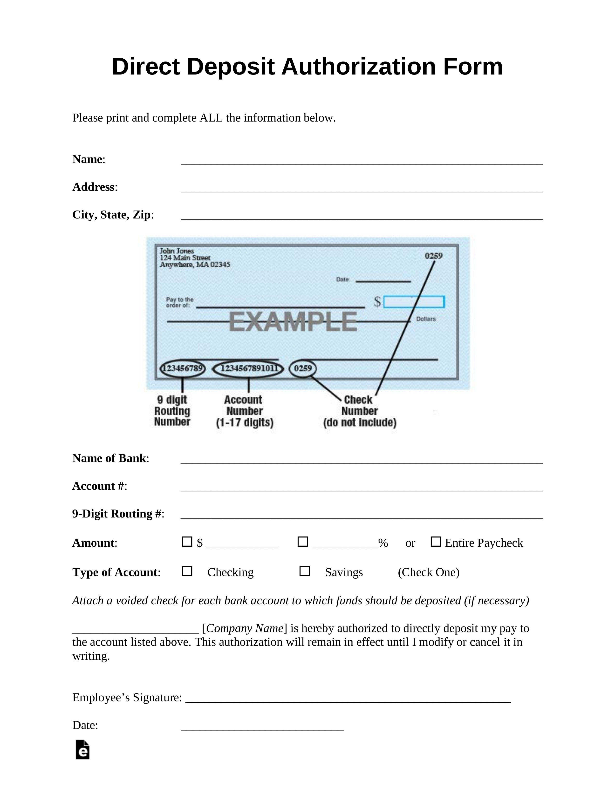 Free Direct Deposit Authorization Forms - Pdf | Word