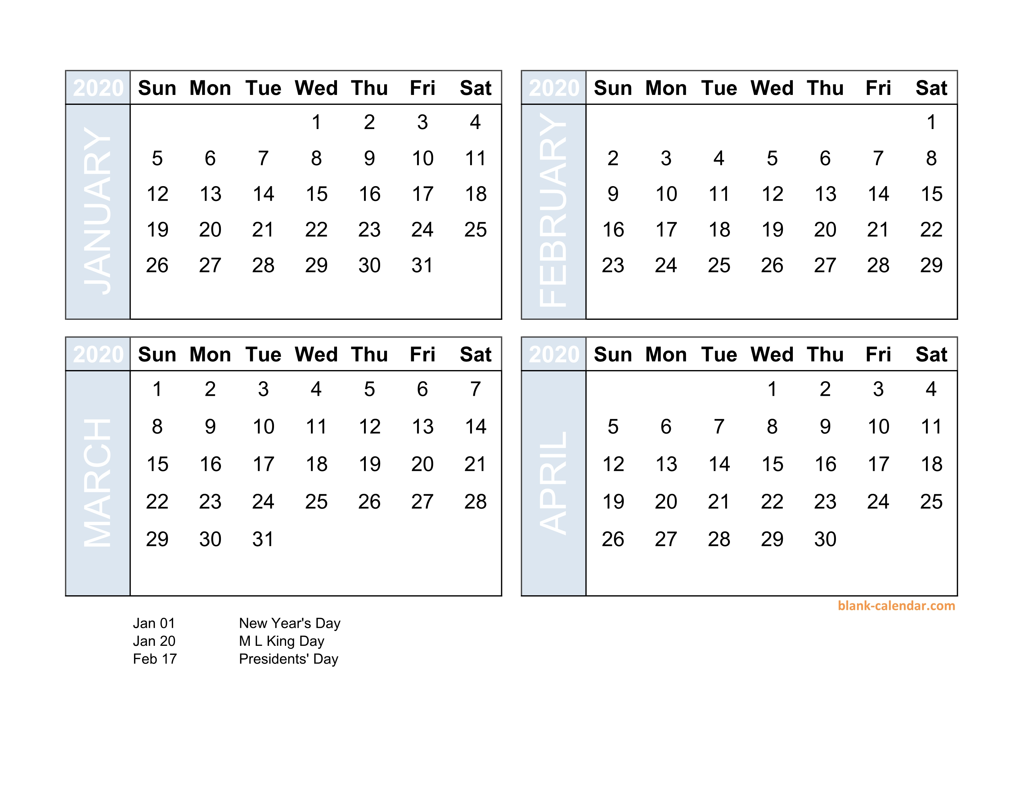 Free Download 2020 Excel Calendar Four Month In Landscape Format