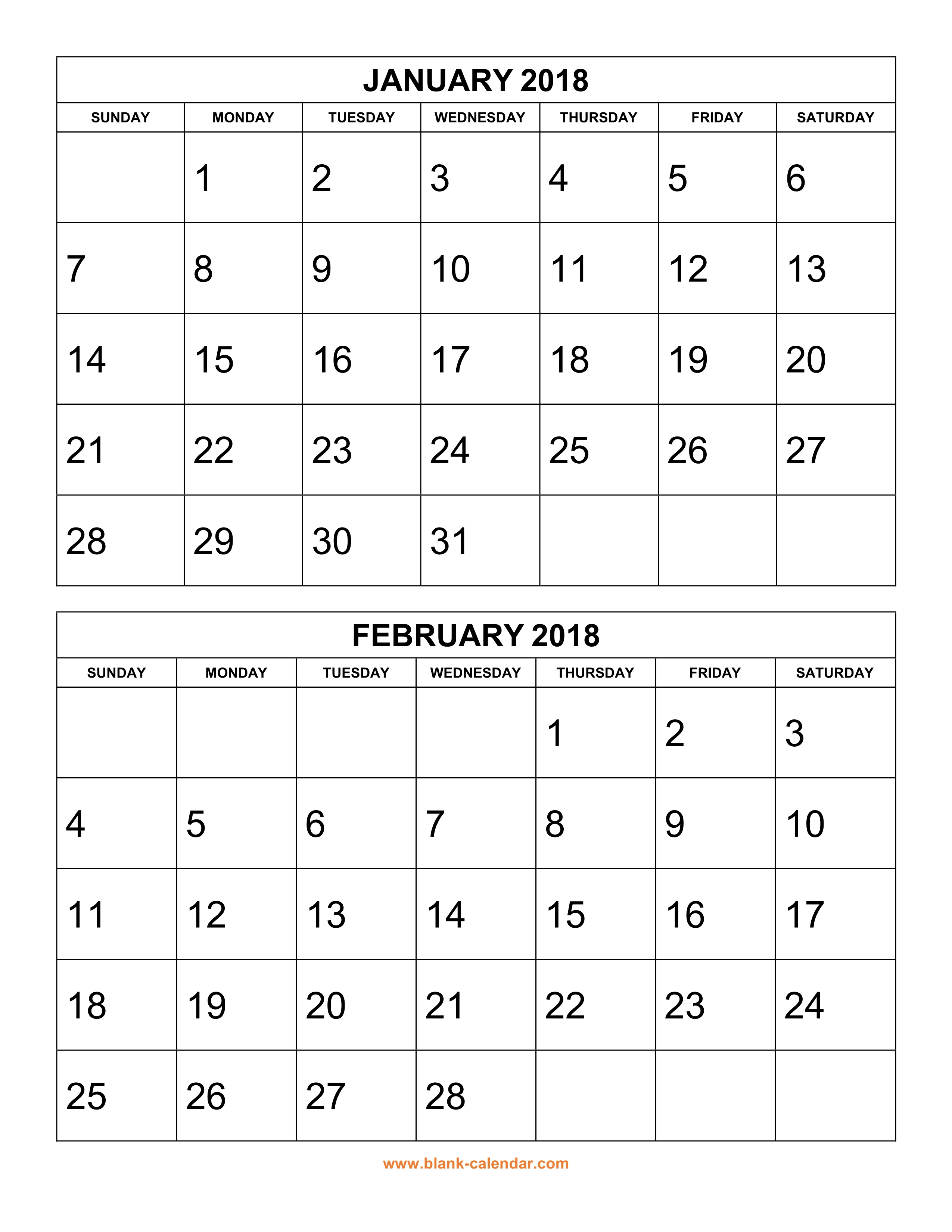 Free Download Printable Calendar 2018, 2 Months Per Page, 6