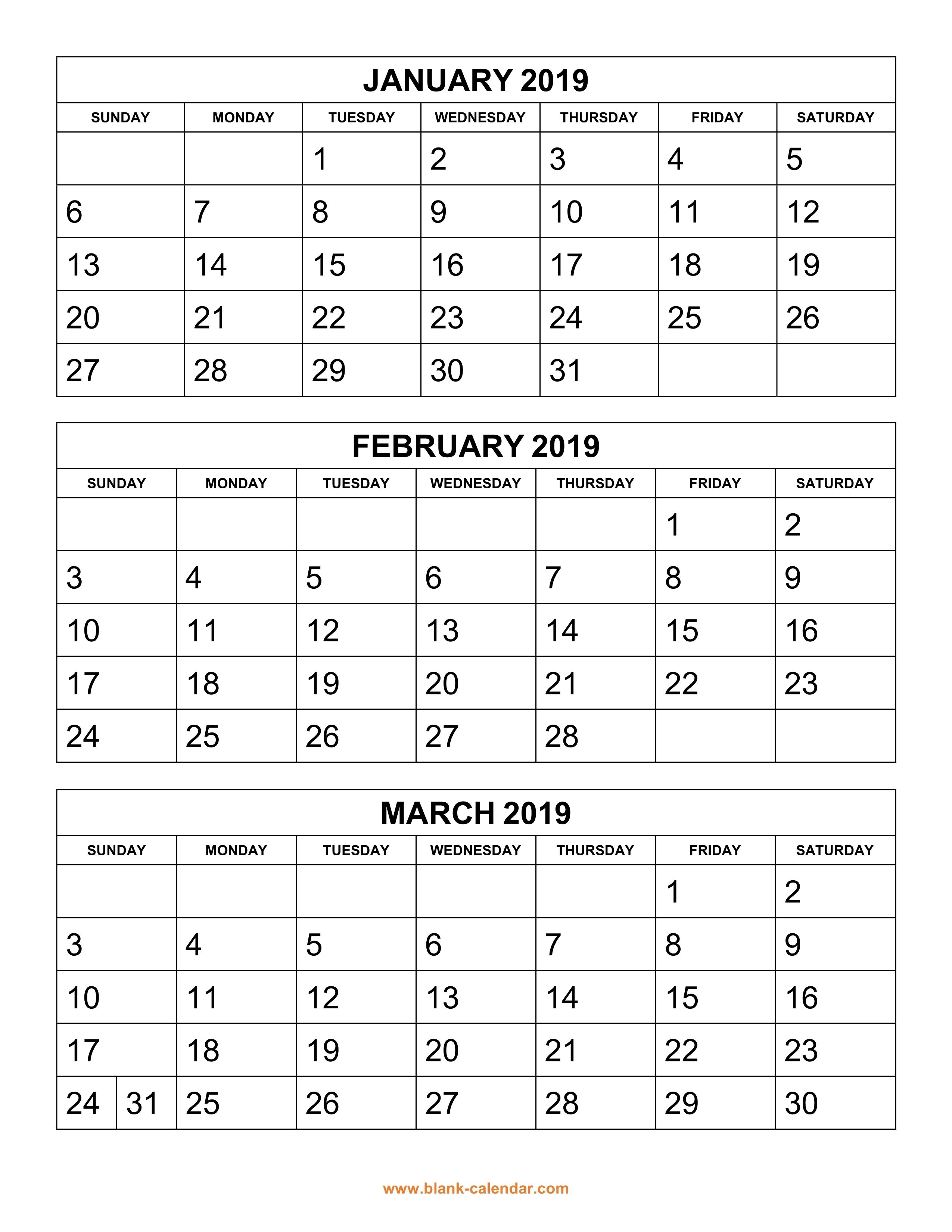 Free Download Printable Calendar 2019, 3 Months Per Page, 4