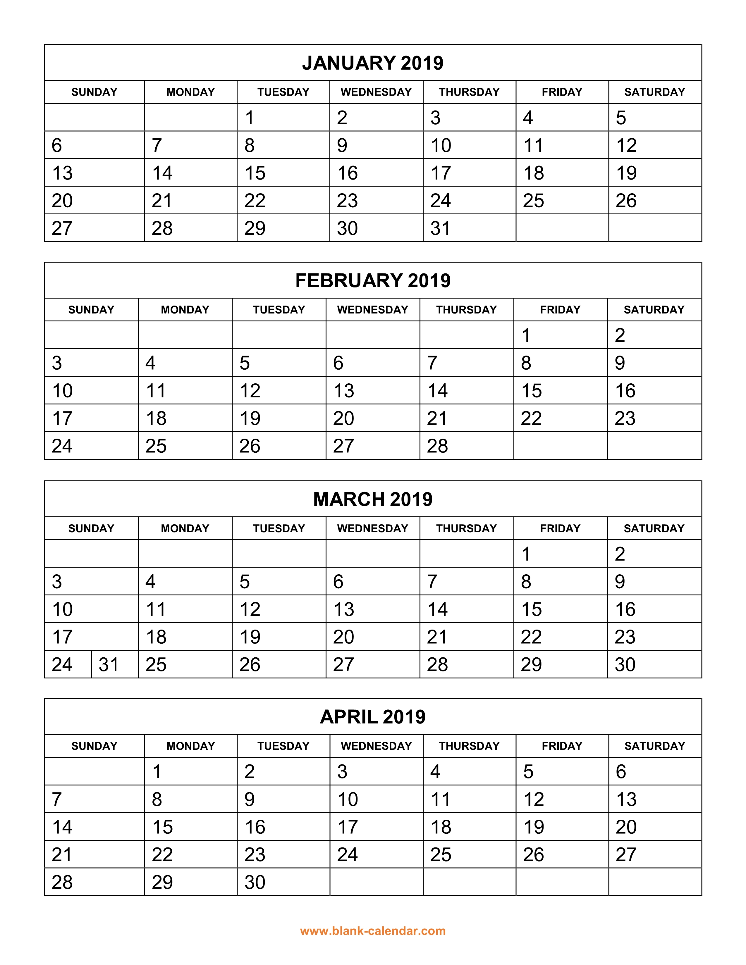Free Download Printable Calendar 2019, 4 Months Per Page, 3