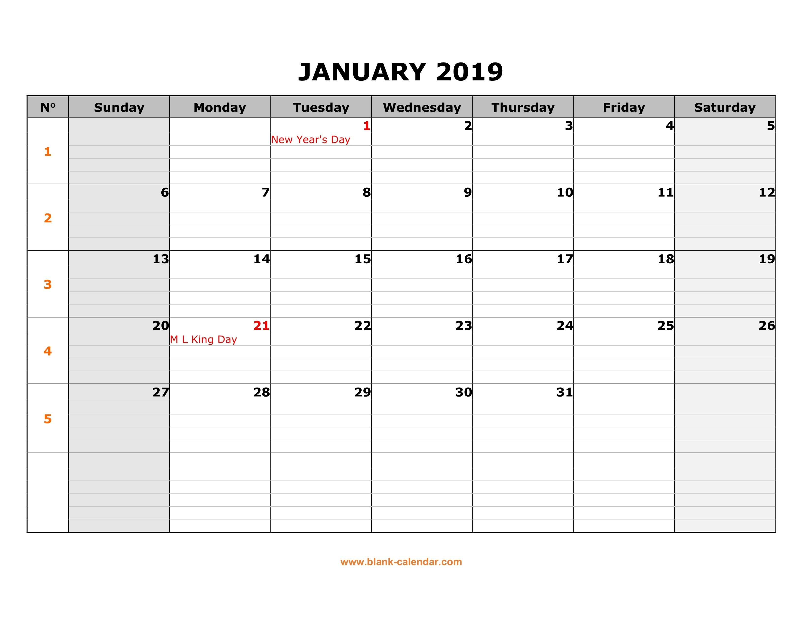 Free Download Printable Calendar 2019, Large Box Grid, Space