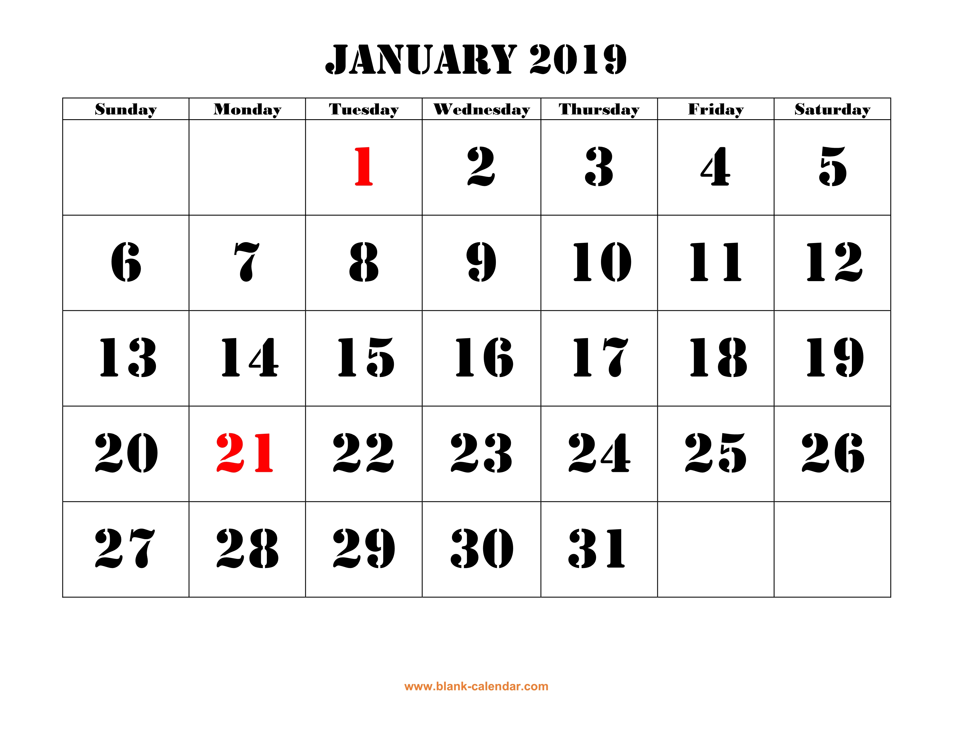 Free Download Printable Calendar 2019, Large Font Design