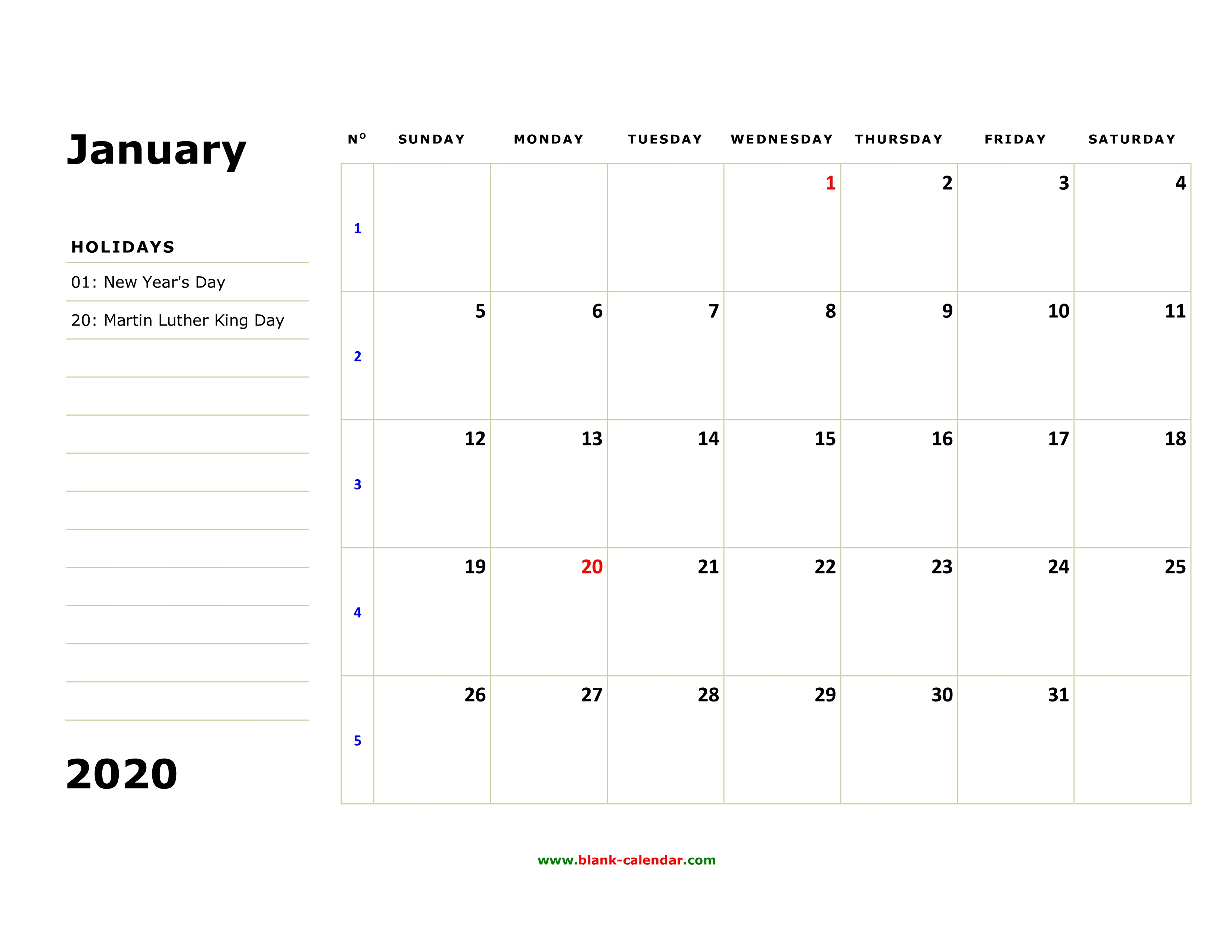 Free Download Printable Calendar 2020, Large Box, Holidays