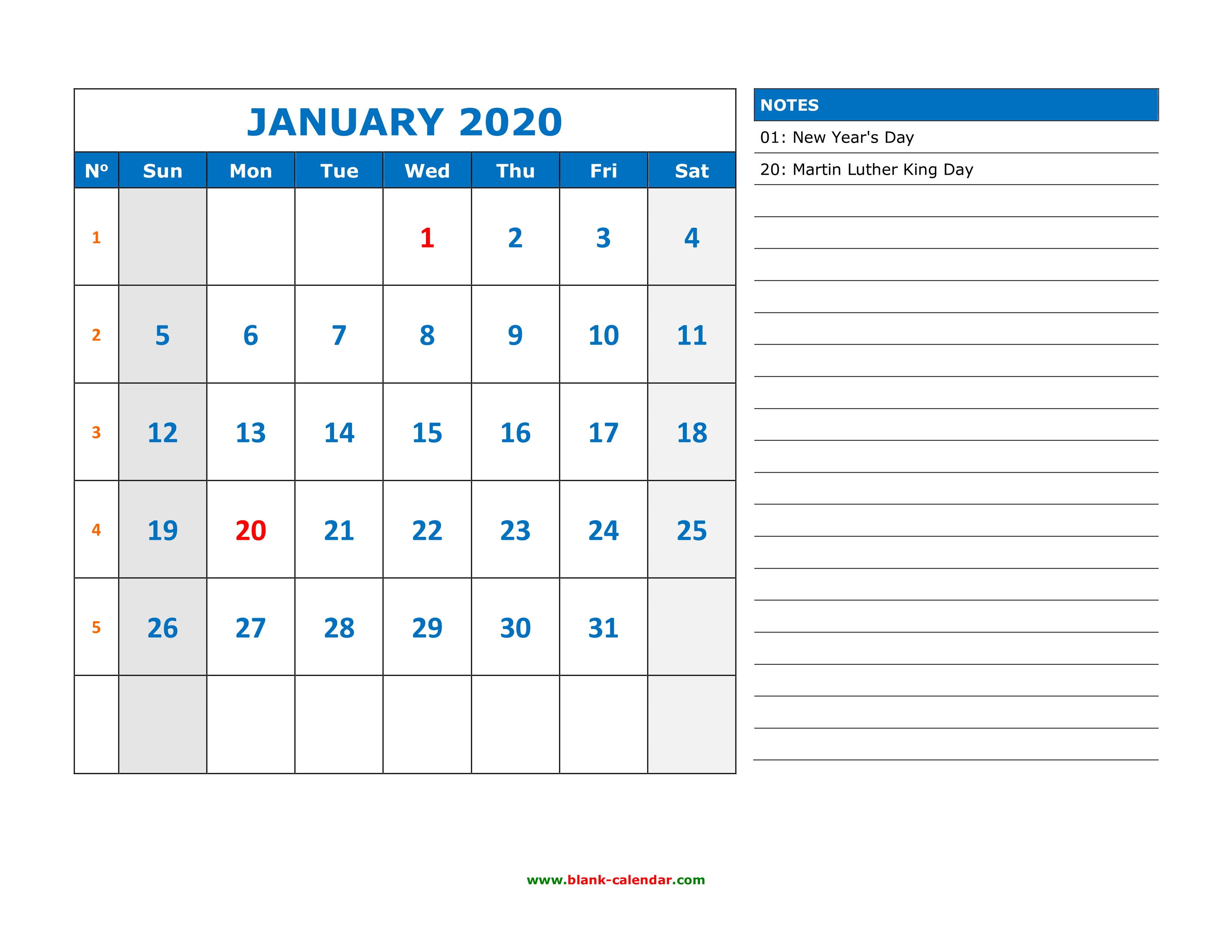 Free Download Printable Calendar 2020, Large Space For