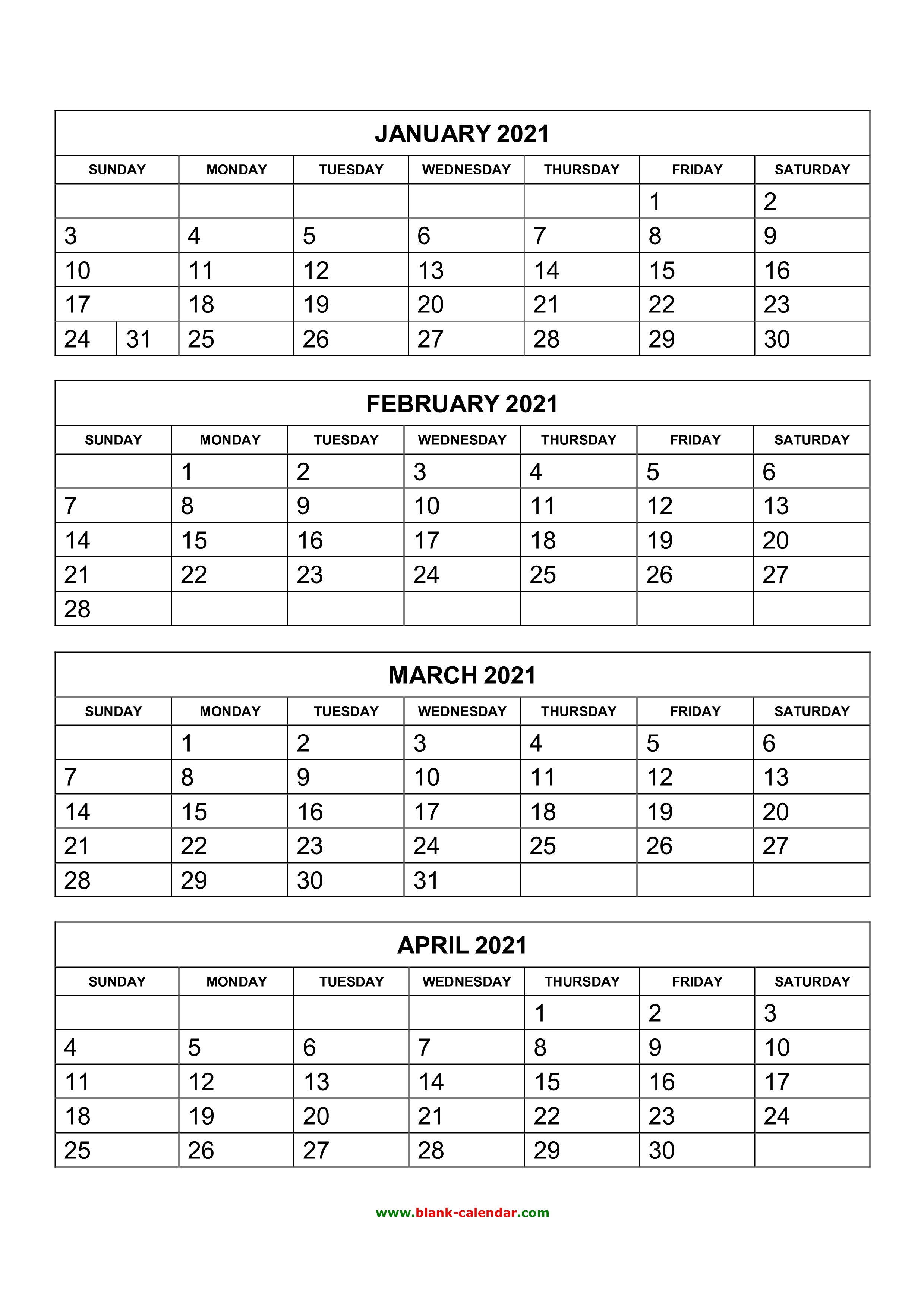 Blank Calendar Printable 4 Per Page Example Calendar Printable