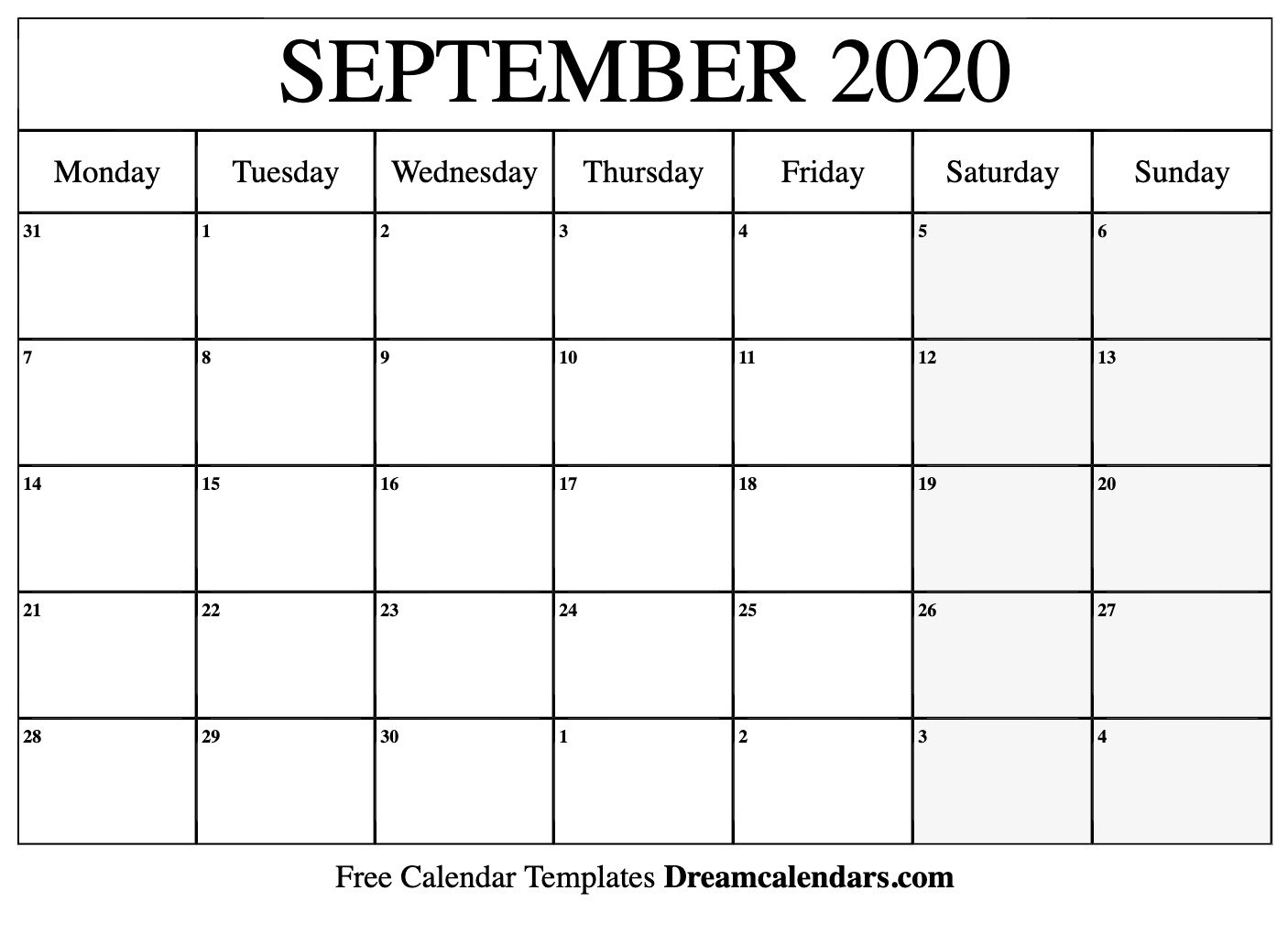 Free Download September 2020 Printable Calendar Dream
