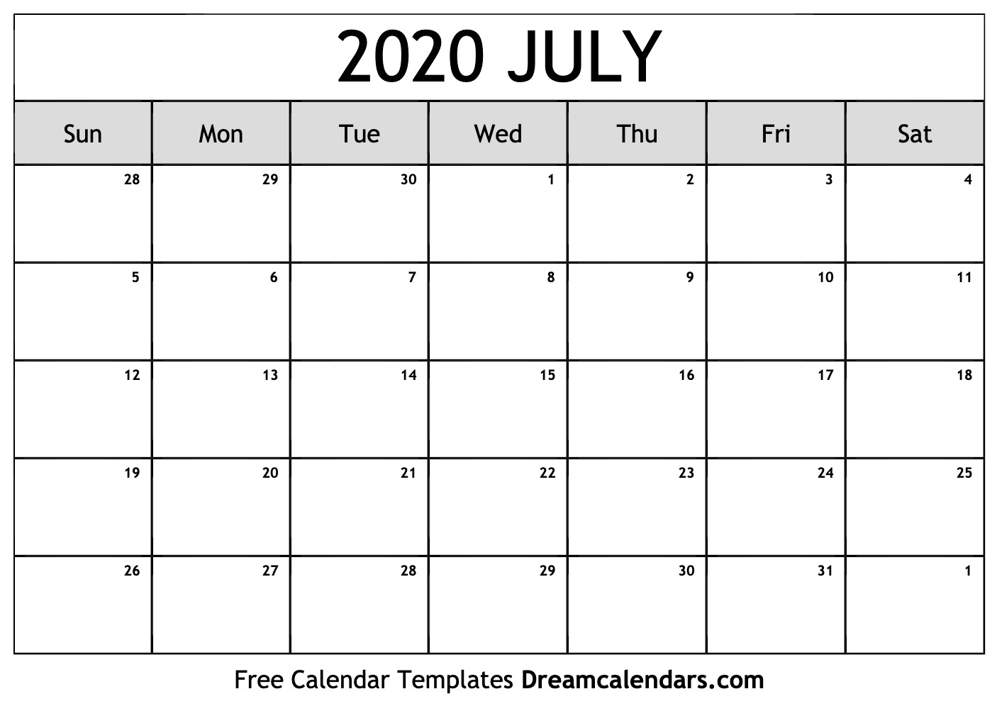 Free July 2020 Printable Calendar | Dream Calendars-Blank