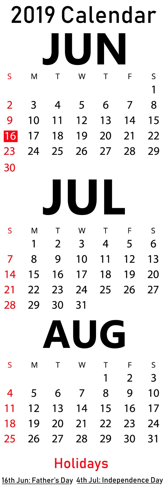 Free June &amp; July &amp; August 2019 Printable Calendar Templates