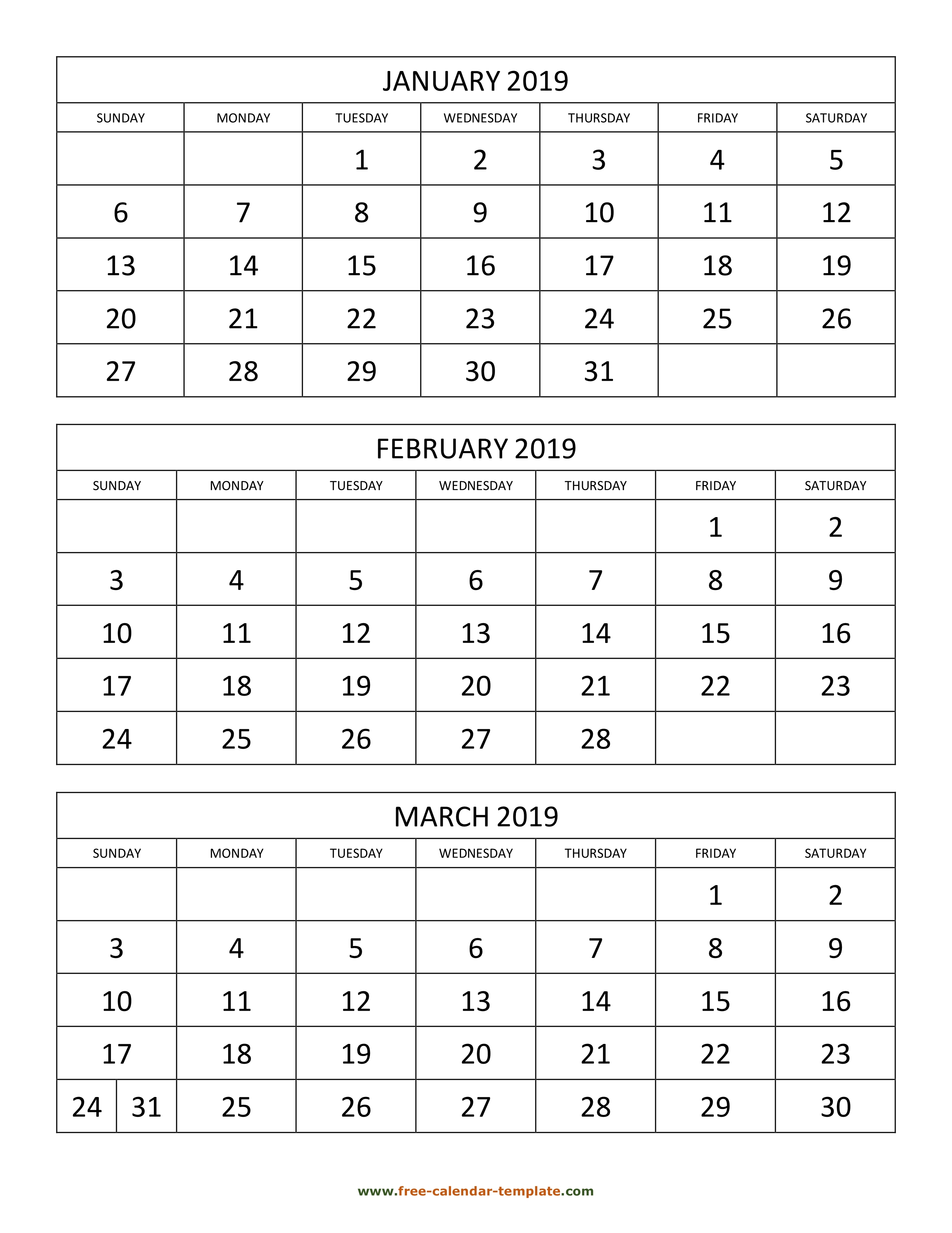 Free Monthly Calendar 2019, 3 Months Per Page (Vertical