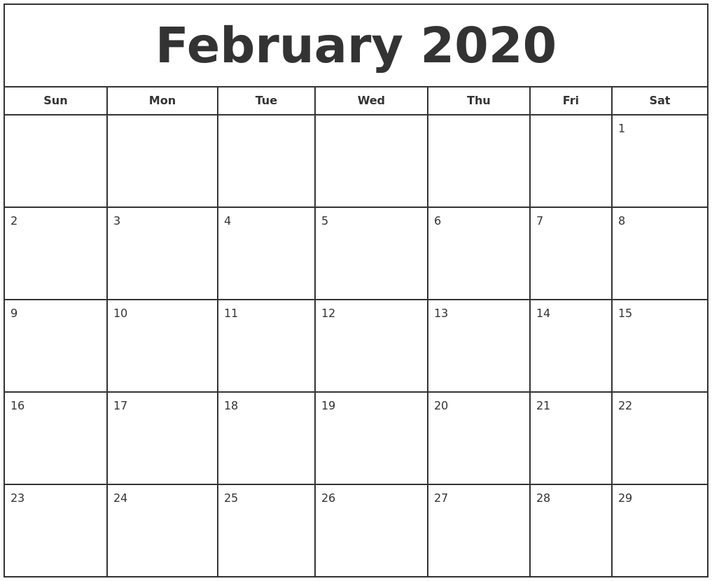 Free Monthly February Calendar 2020 Printable Template