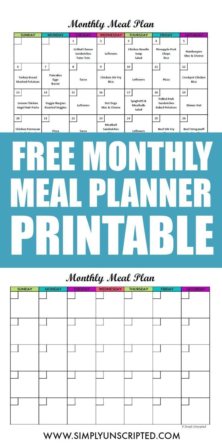 Free Monthly Meal Planner Printable: Calendar Template For