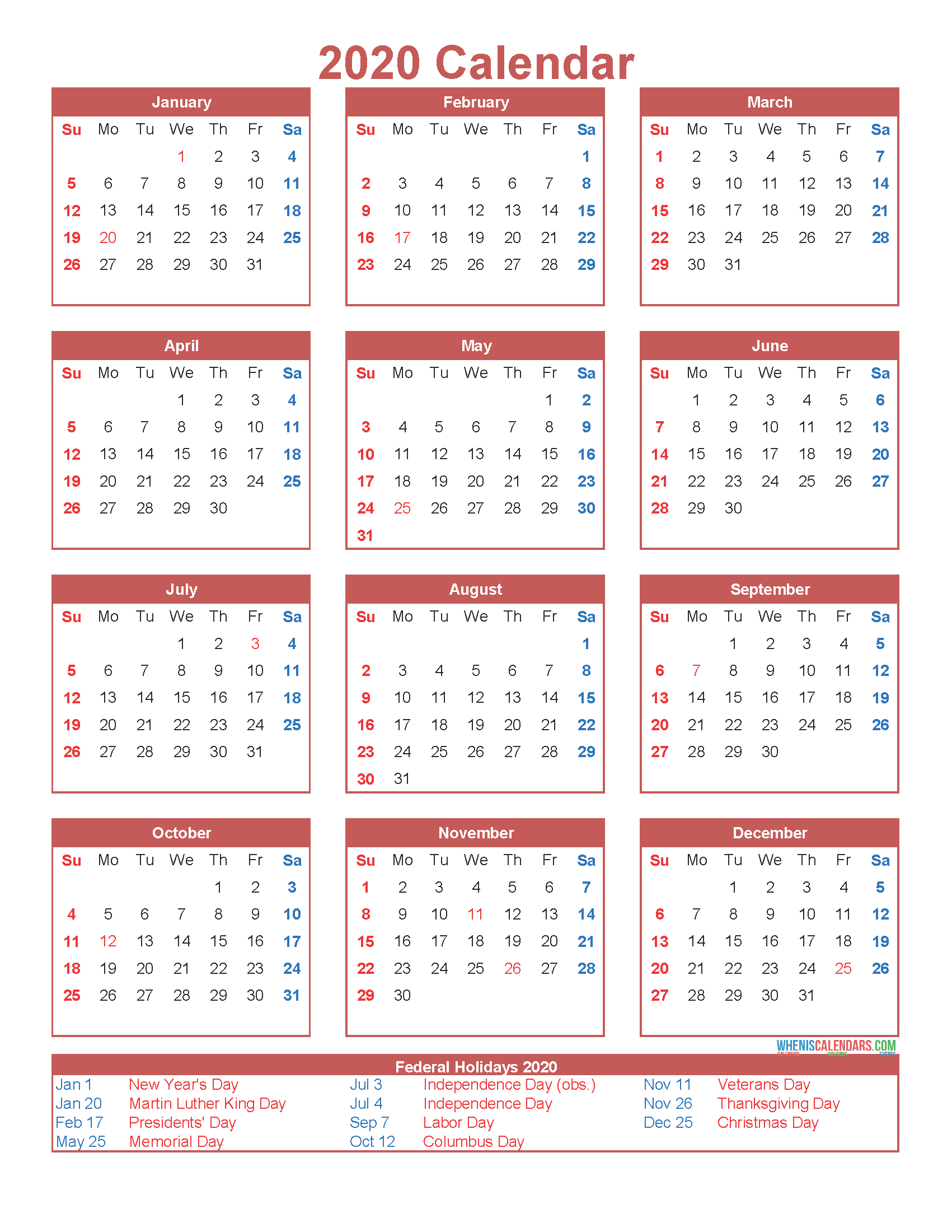 Free Printable 12 Month Calendar On One Page 2020 | Free