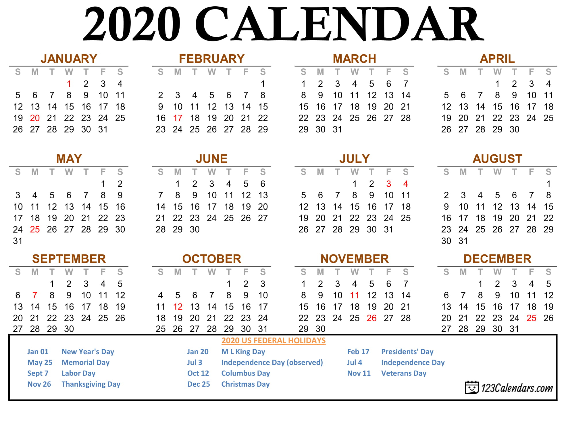 Printable 2020 Calender