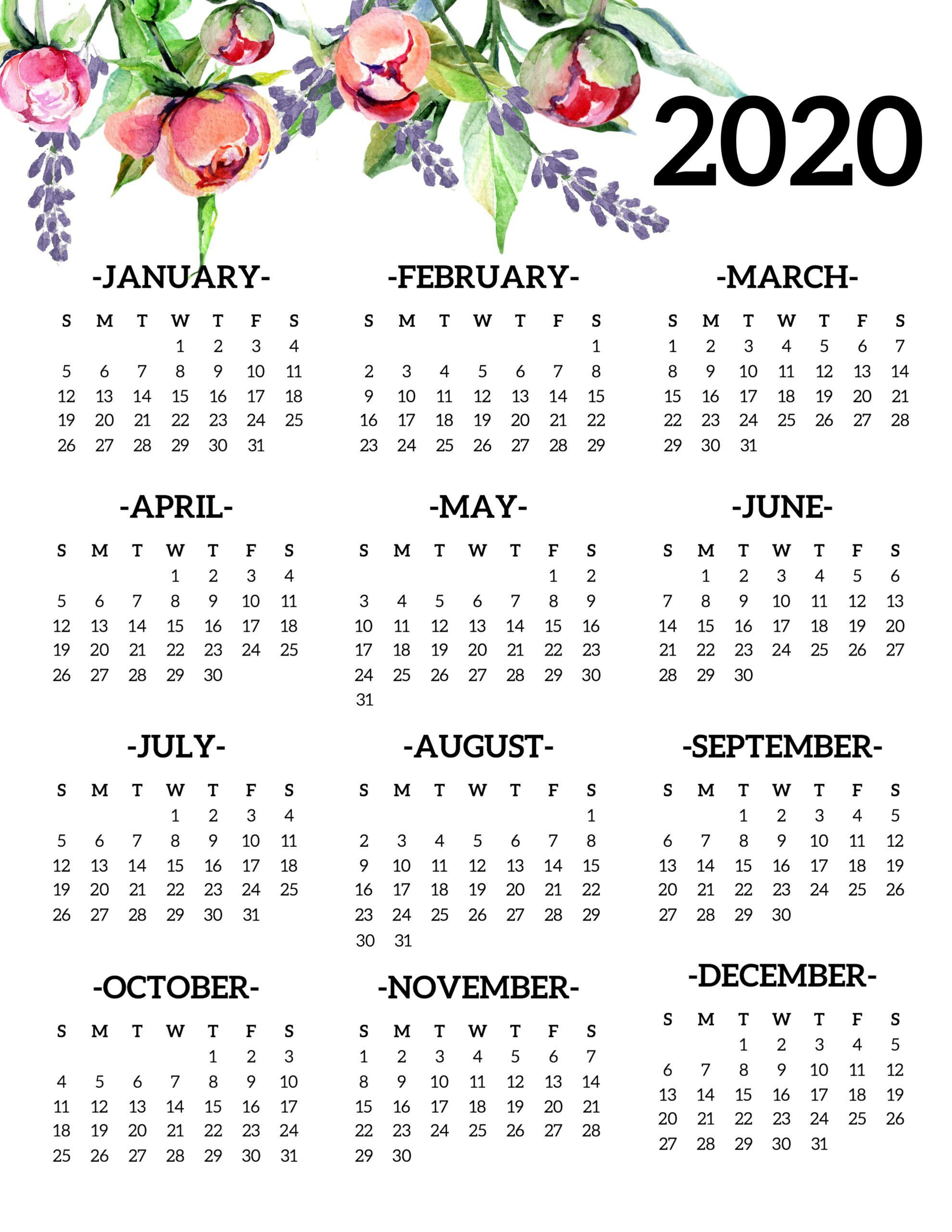 Free Printable 2020 Calendar Yearly E Page Floral Free Blank