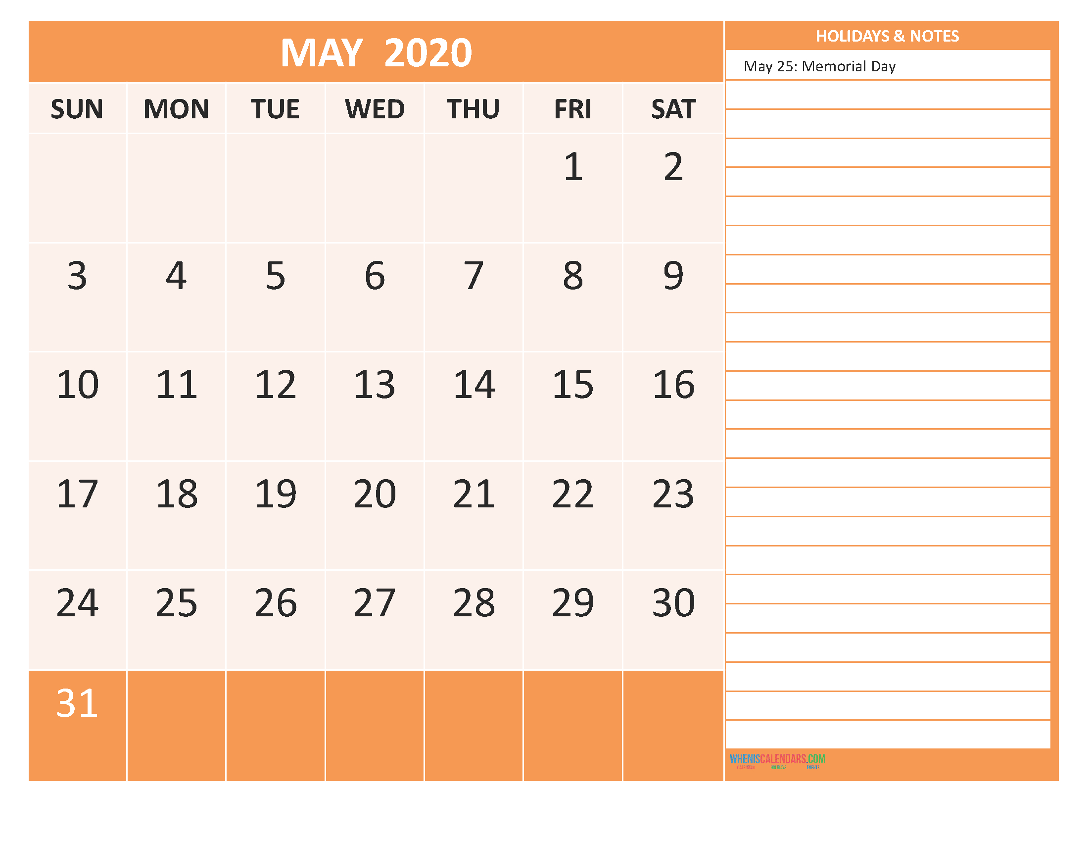 Free Printable 2020 Monthly Calendar With Holidays May