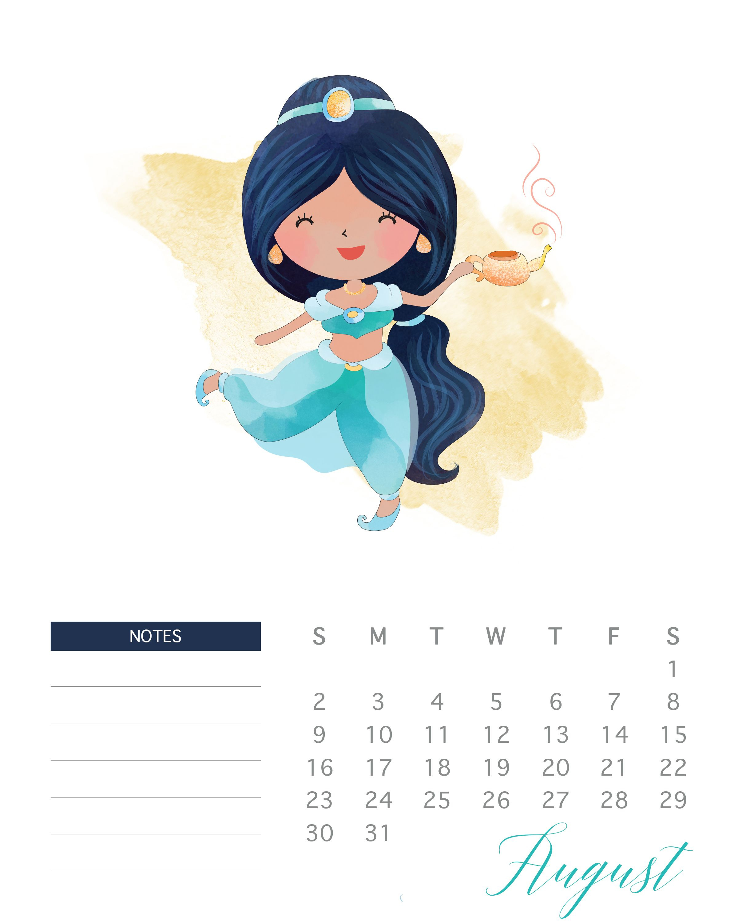 August 2020 Printable Calender Disney Princess