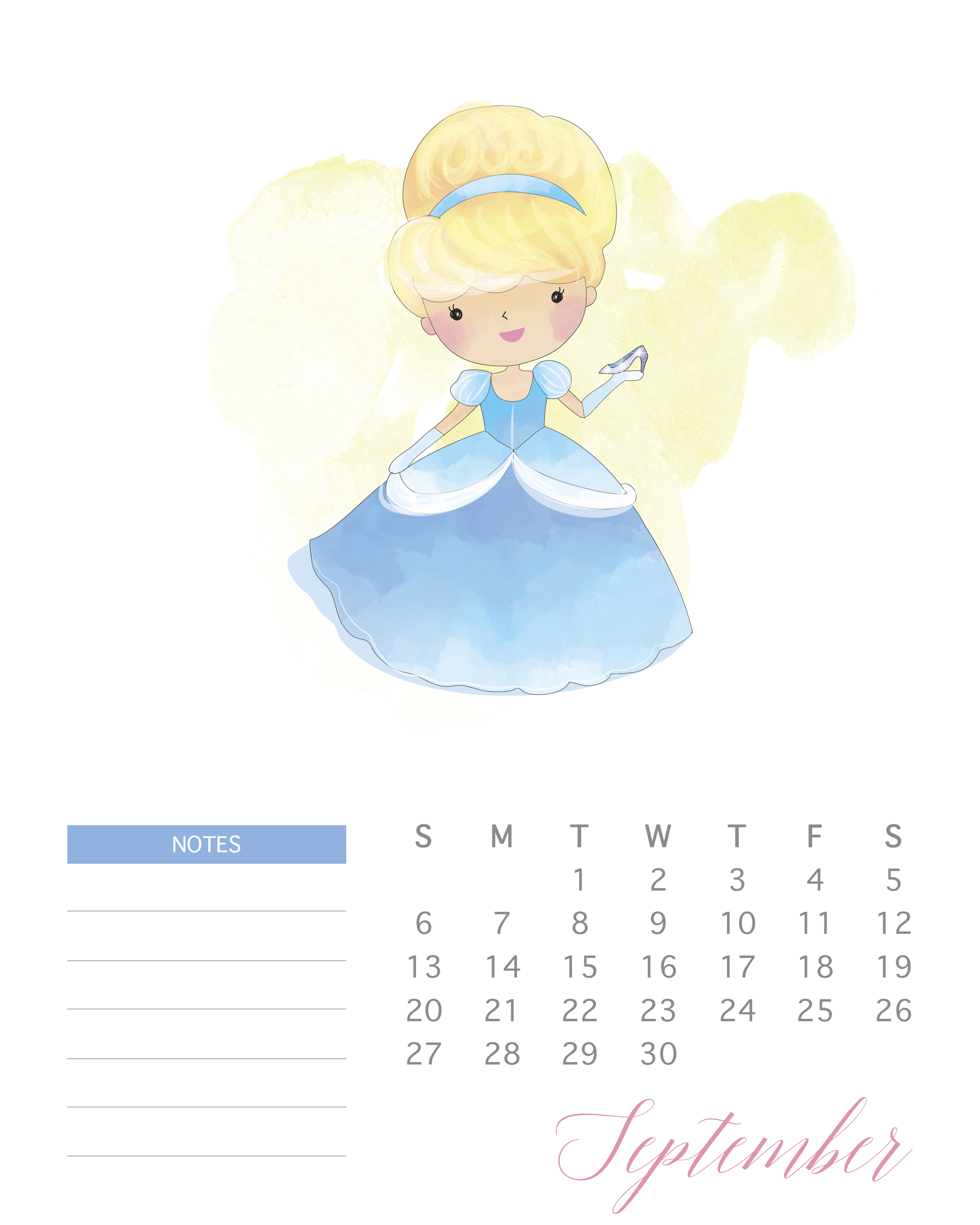 Free Printable 2020 Watercolor Princess Calendar - The