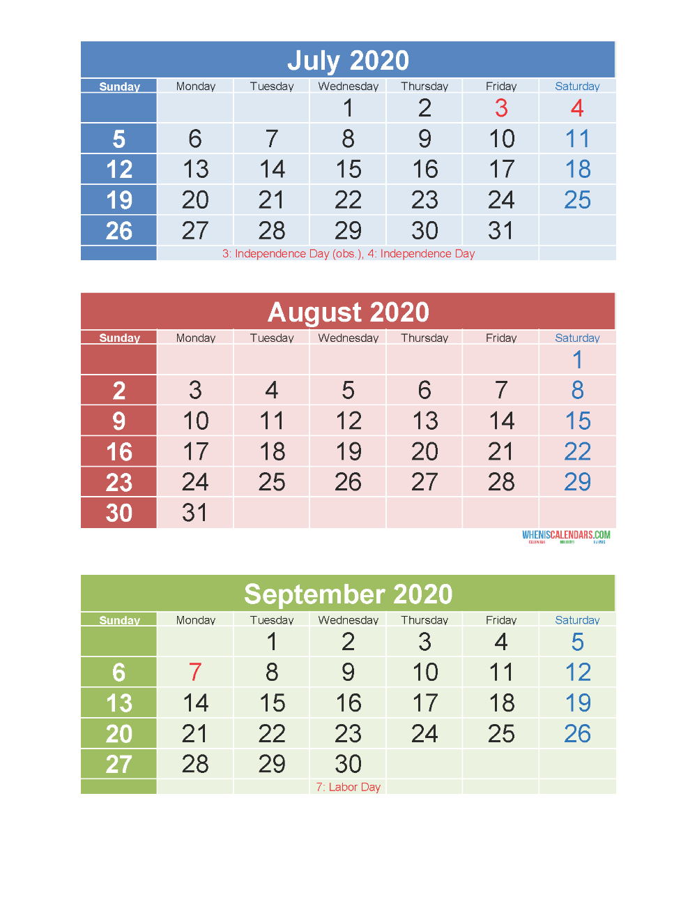 Free Printable 3 Month Calendar 2020 July August September