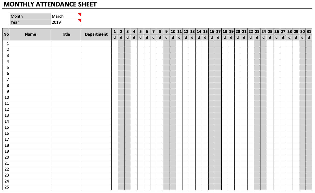 Monthly Employee Attendance 2020 | Example Calendar Printable