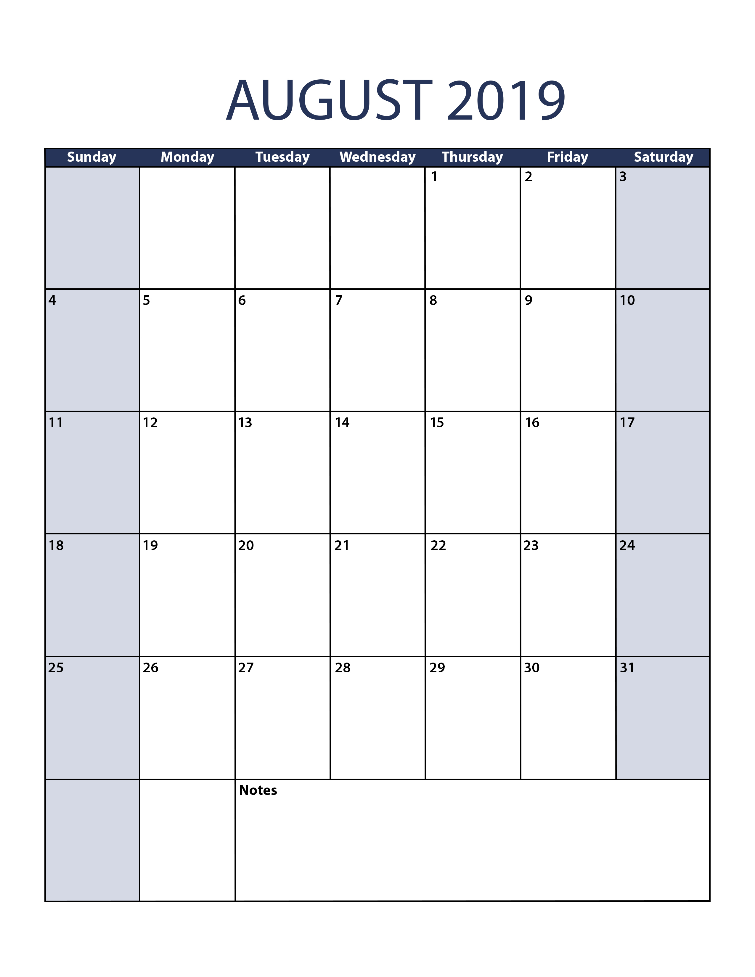 Free Printable August 2019 Calendar