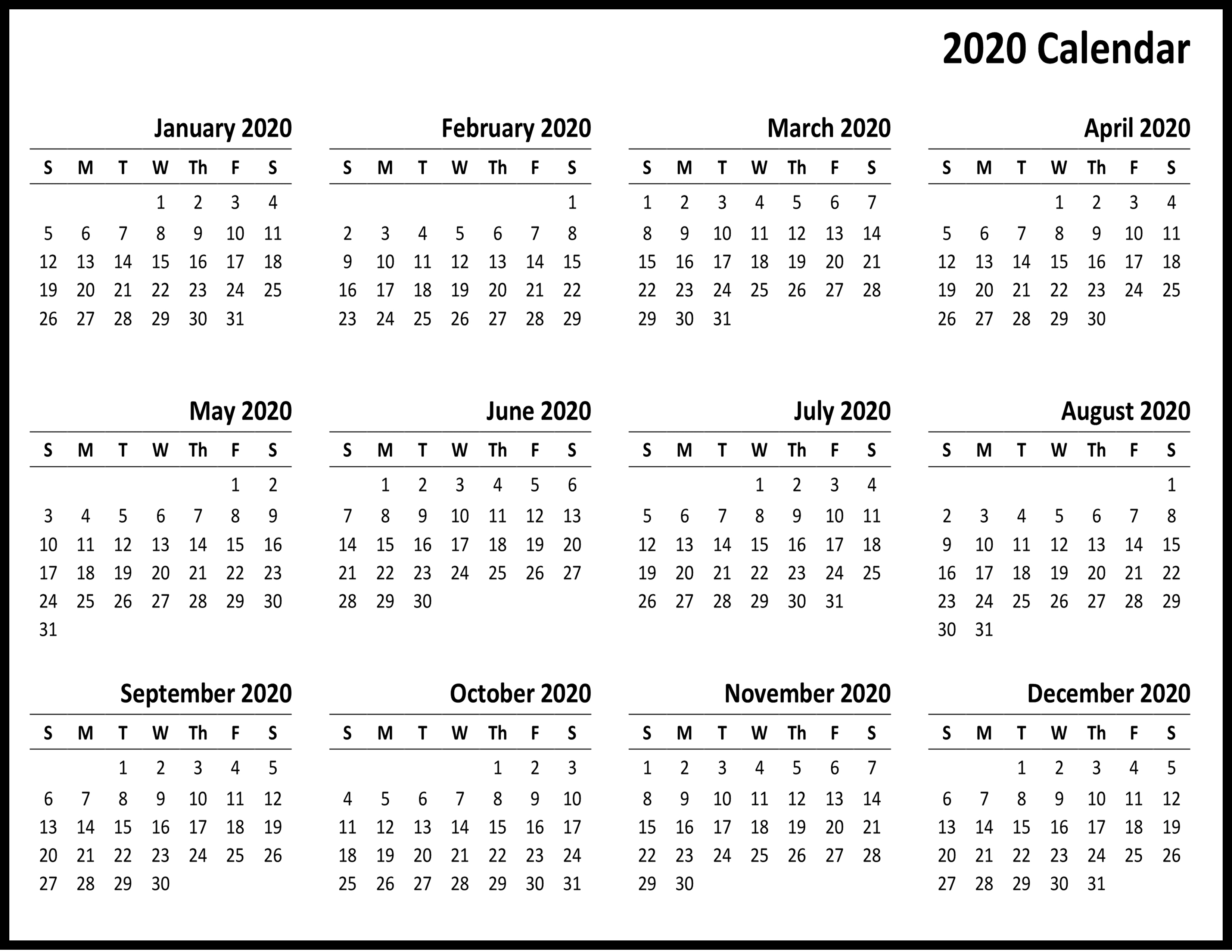 Free Printable Calendar 2020 Template In Pdf, Word, Excel