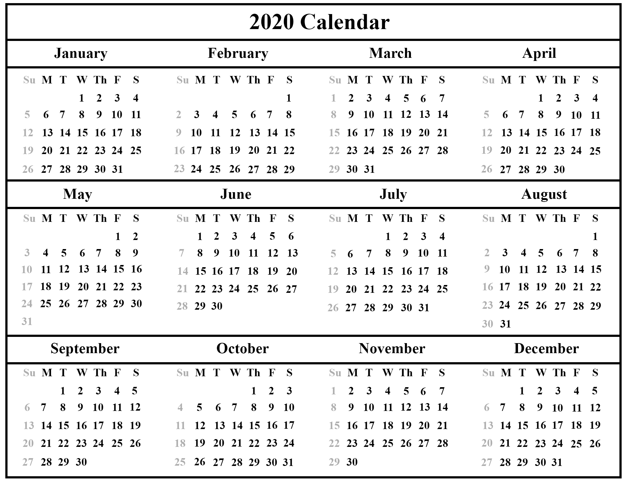 Free Printable Calendar 2020 With Holidays | 12 Month