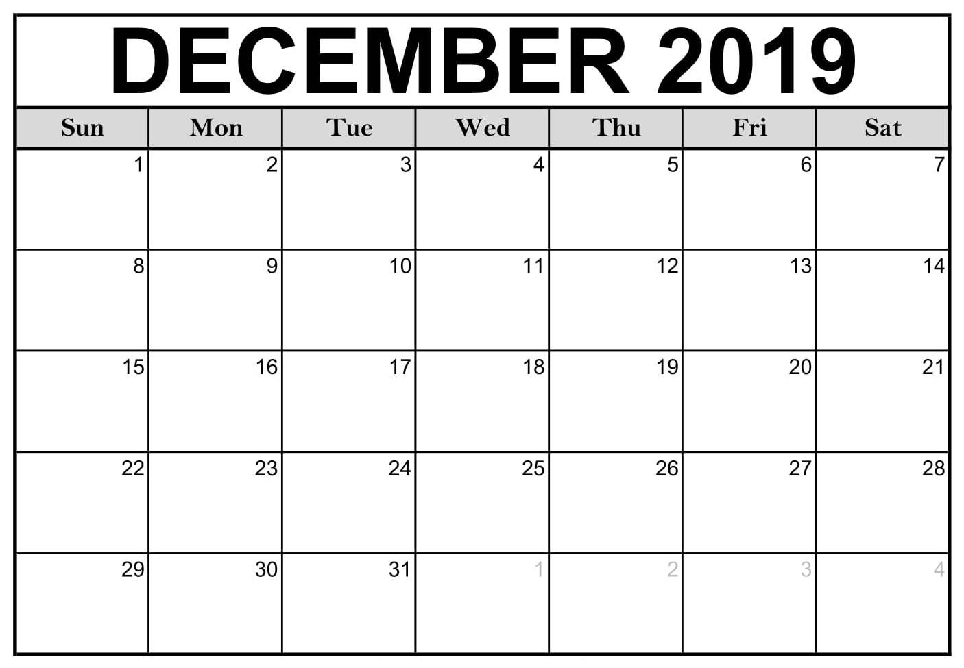 Blank Calendar December 2019 Letter Size