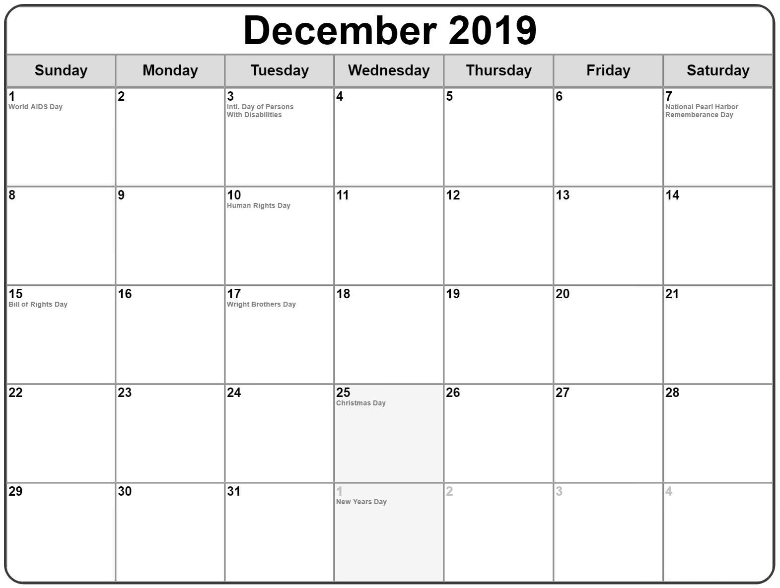 Free Printable December Holidays 2019 Calendar Usa Uk Canada