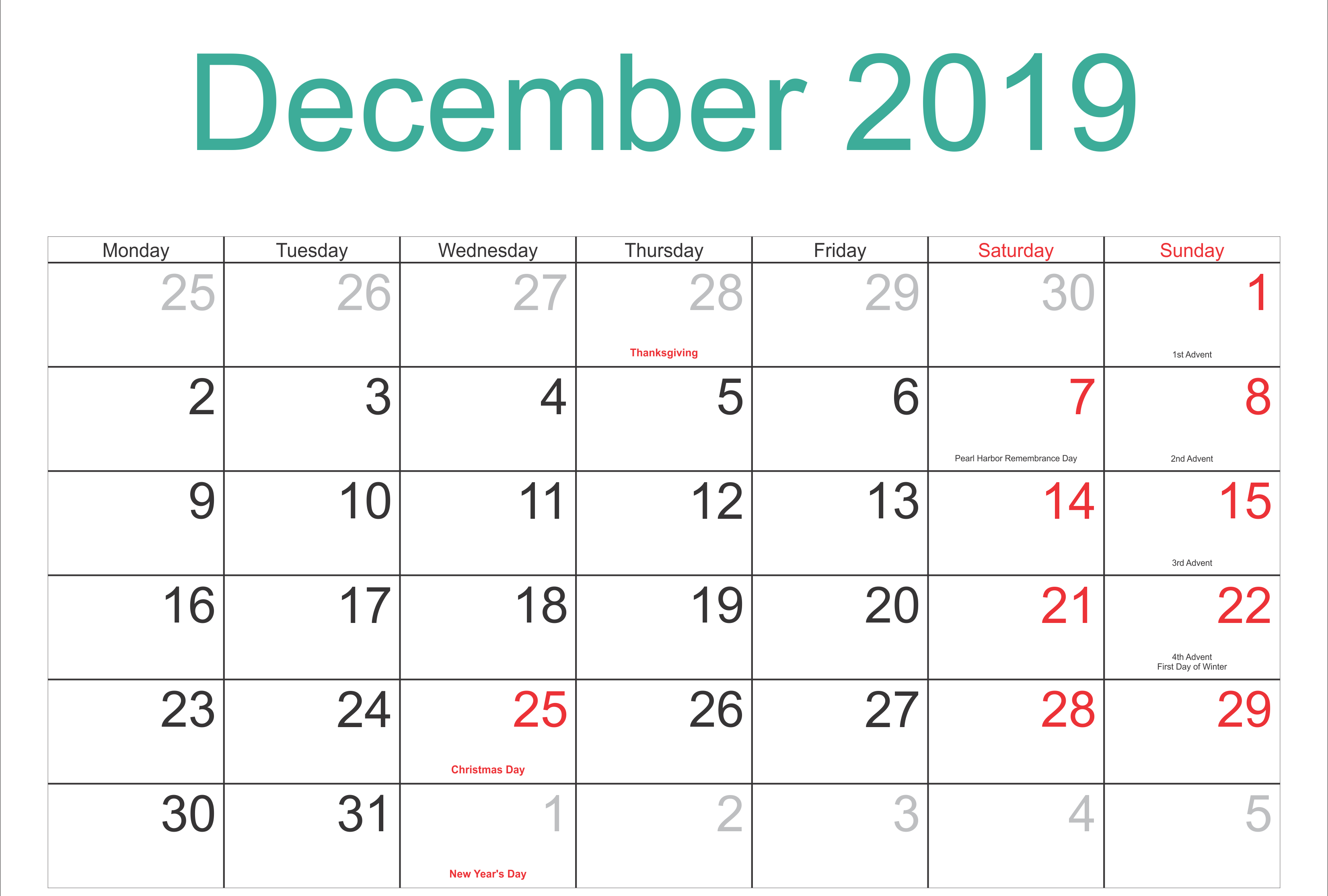 Free Printable December Holidays 2019 Calendar Usa Uk Canada