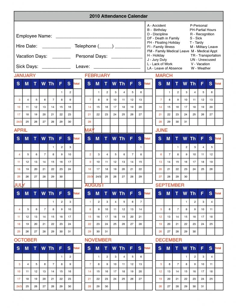 Free Printable Employee Attendance Calendars