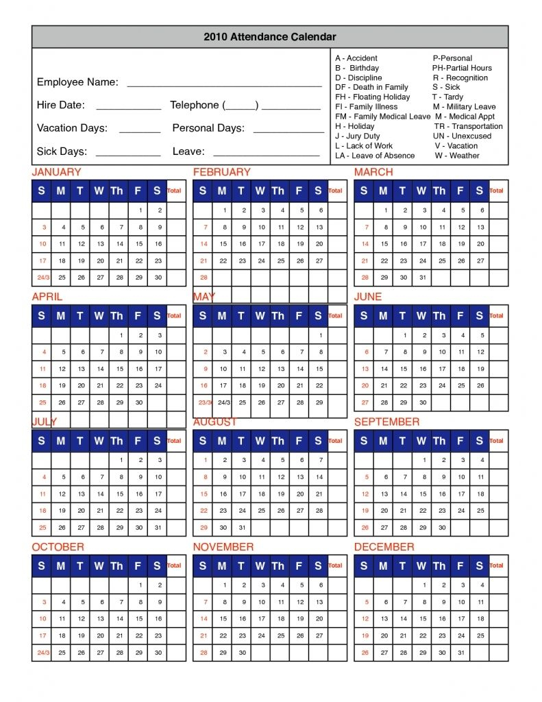 Free Printable Employee Attendance Calendar Template 2016