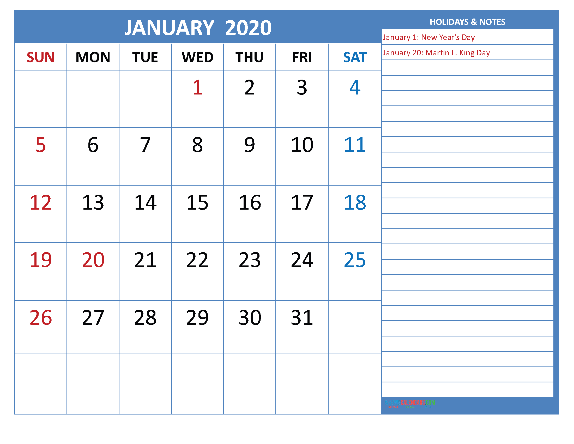 Free Printable Monthly 2020 Calendar With Holidays January