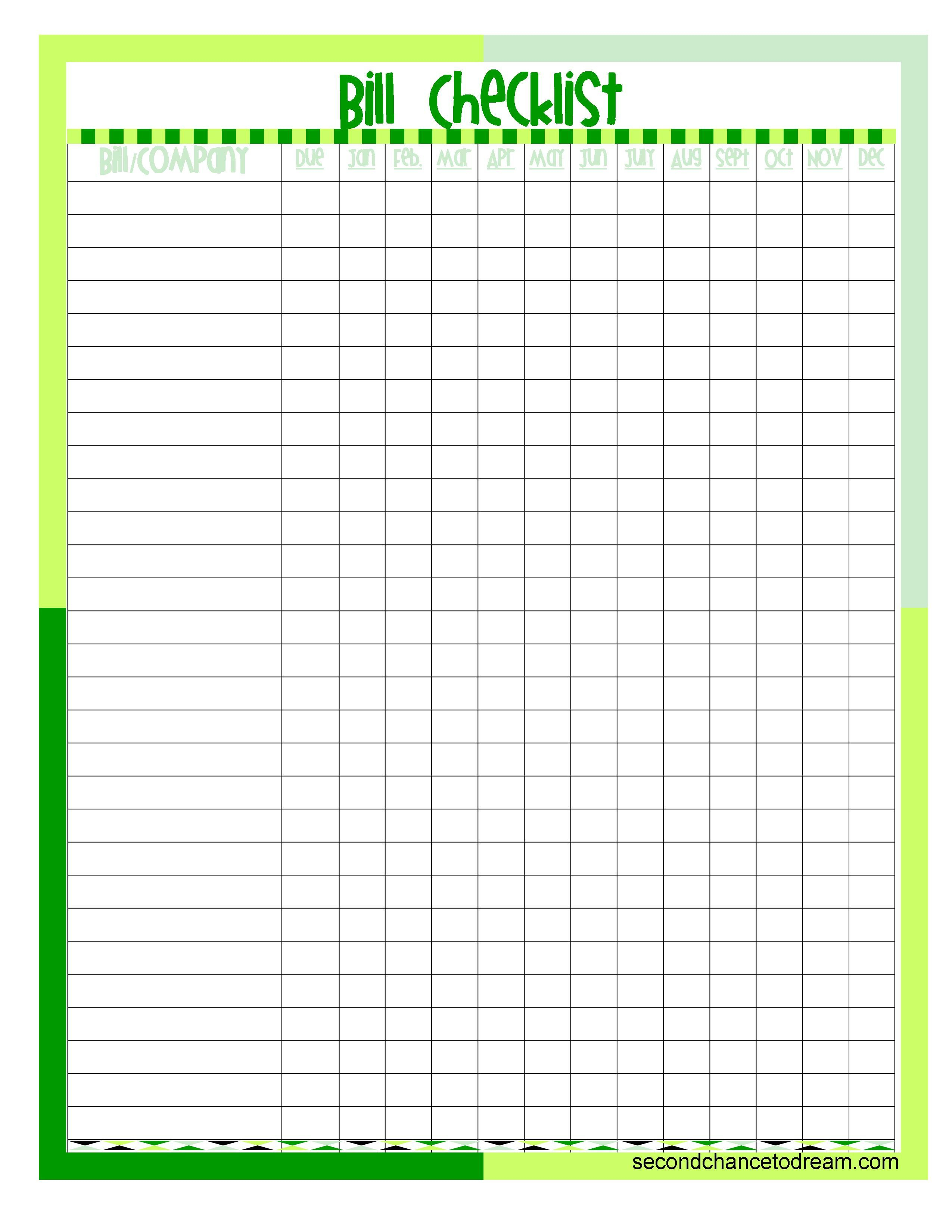 Monthly Bills List Printable