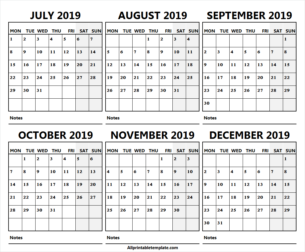 Half Year July December 2019 Calendar Free | Online Calendar