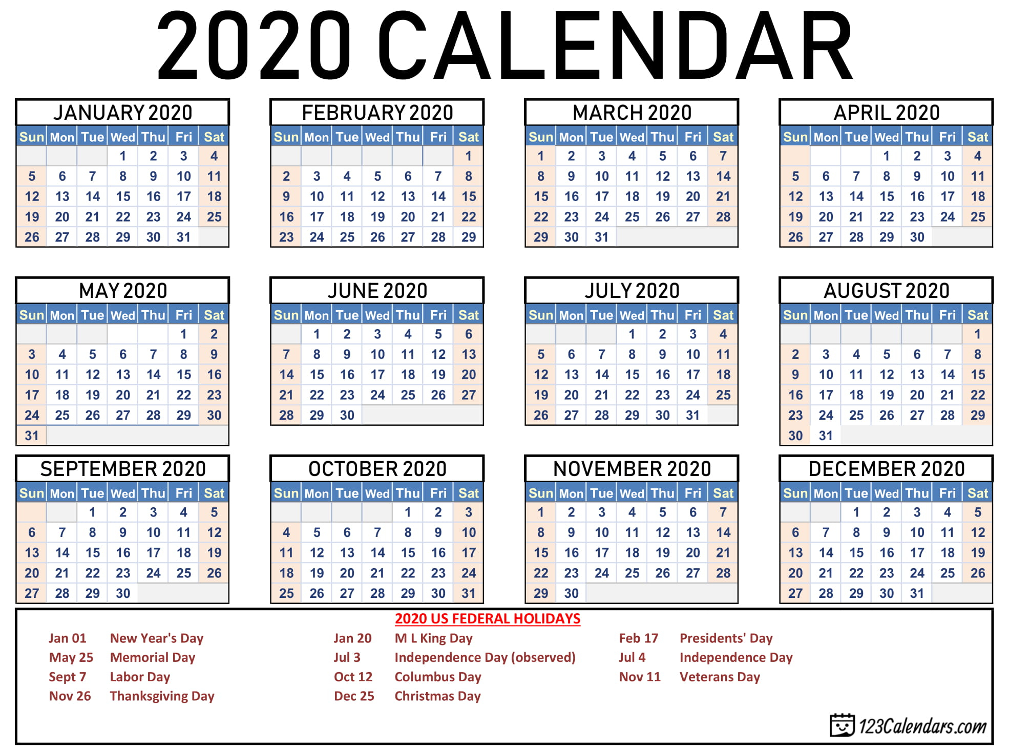 Holiday Calendar 2020 Us | Venture Inspire