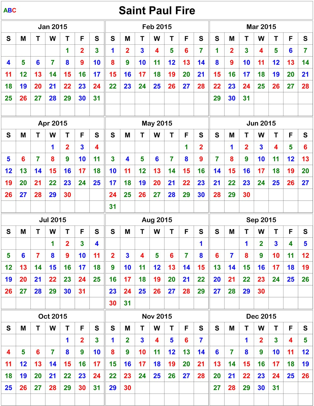 Printable Firefighter Shift Calendar 2015