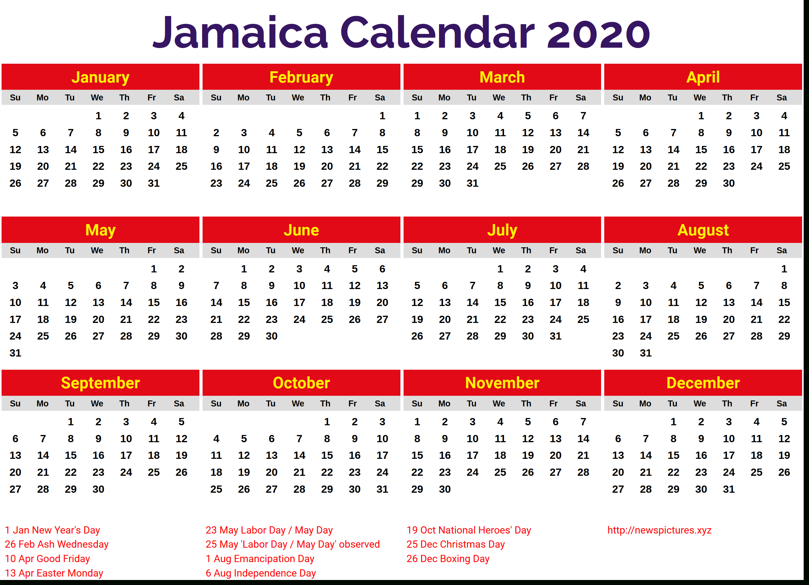 Jamaica Public Holidays 2020 Printable | Example Calendar Printable