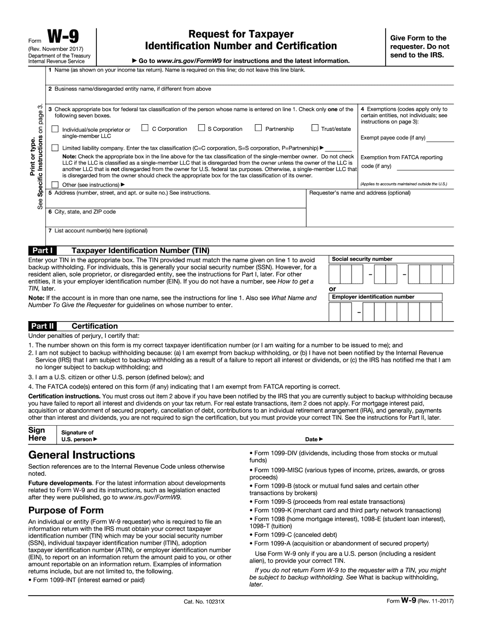 Irs W9 Form 2017 - Downloadable And Printable Samples To